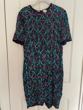 Sequin Beaded Vintage Short Sleeve Cocktail Dress in Teal and Purple